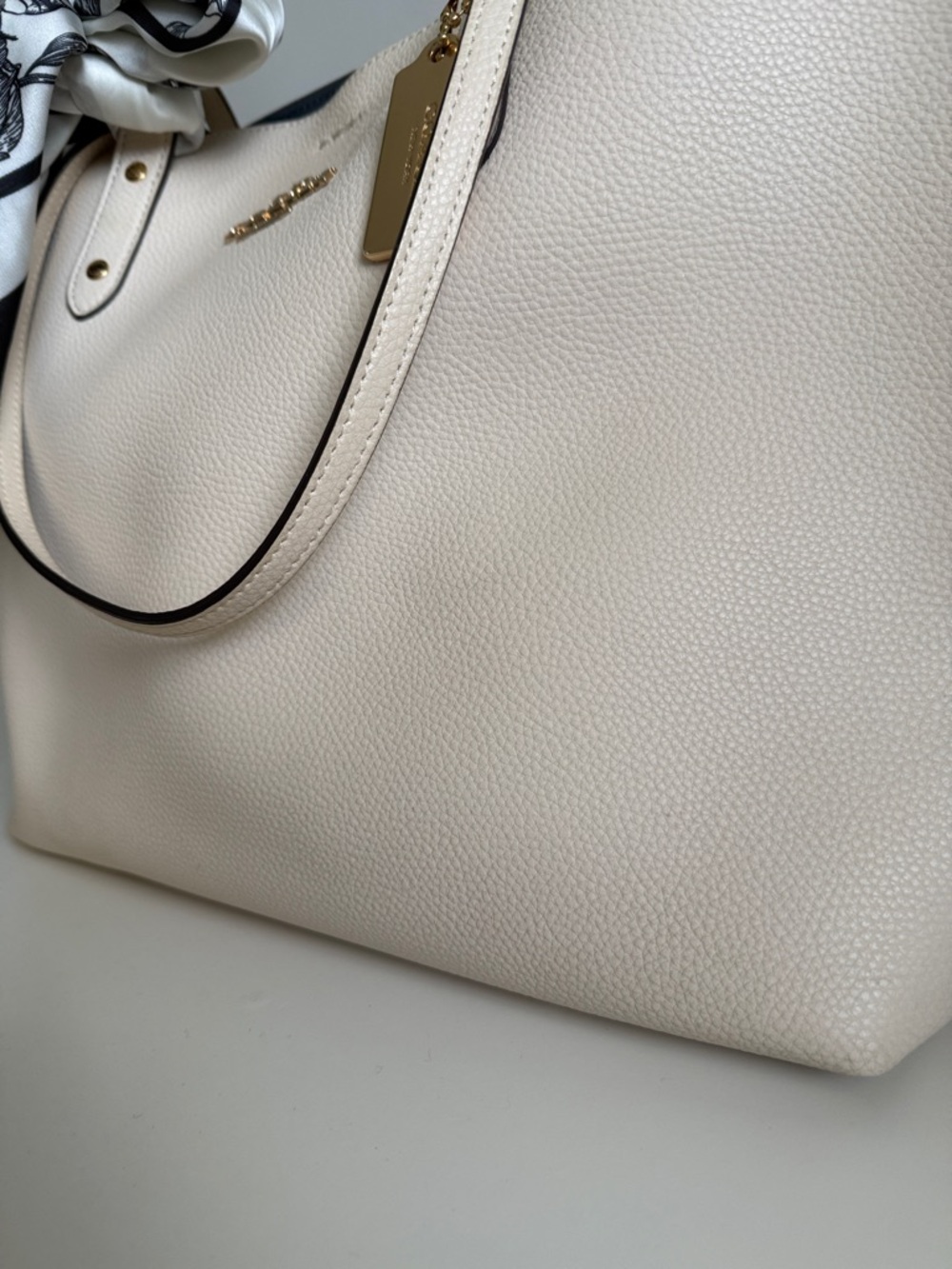 Coach Pebbled Chalk Leather Town Tote with Brown Pouch and a scarf accent - Picture 4 of 13